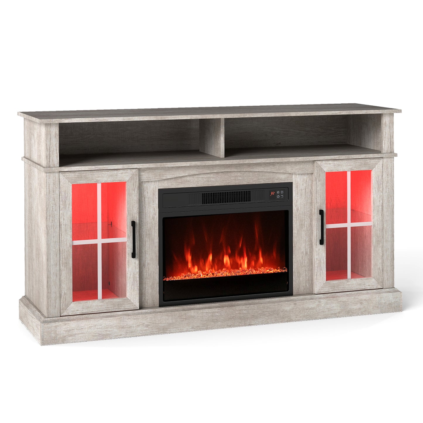 58 Inch Fireplace TV Stand with LED Lights with Storage Cabinets and Glass Doors-Black