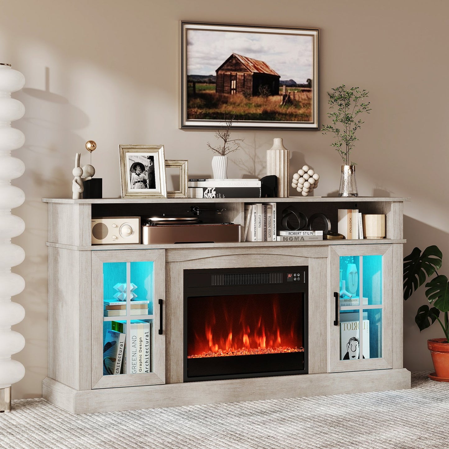 58 Inch Fireplace TV Stand with LED Lights with Storage Cabinets and Glass Doors-Black