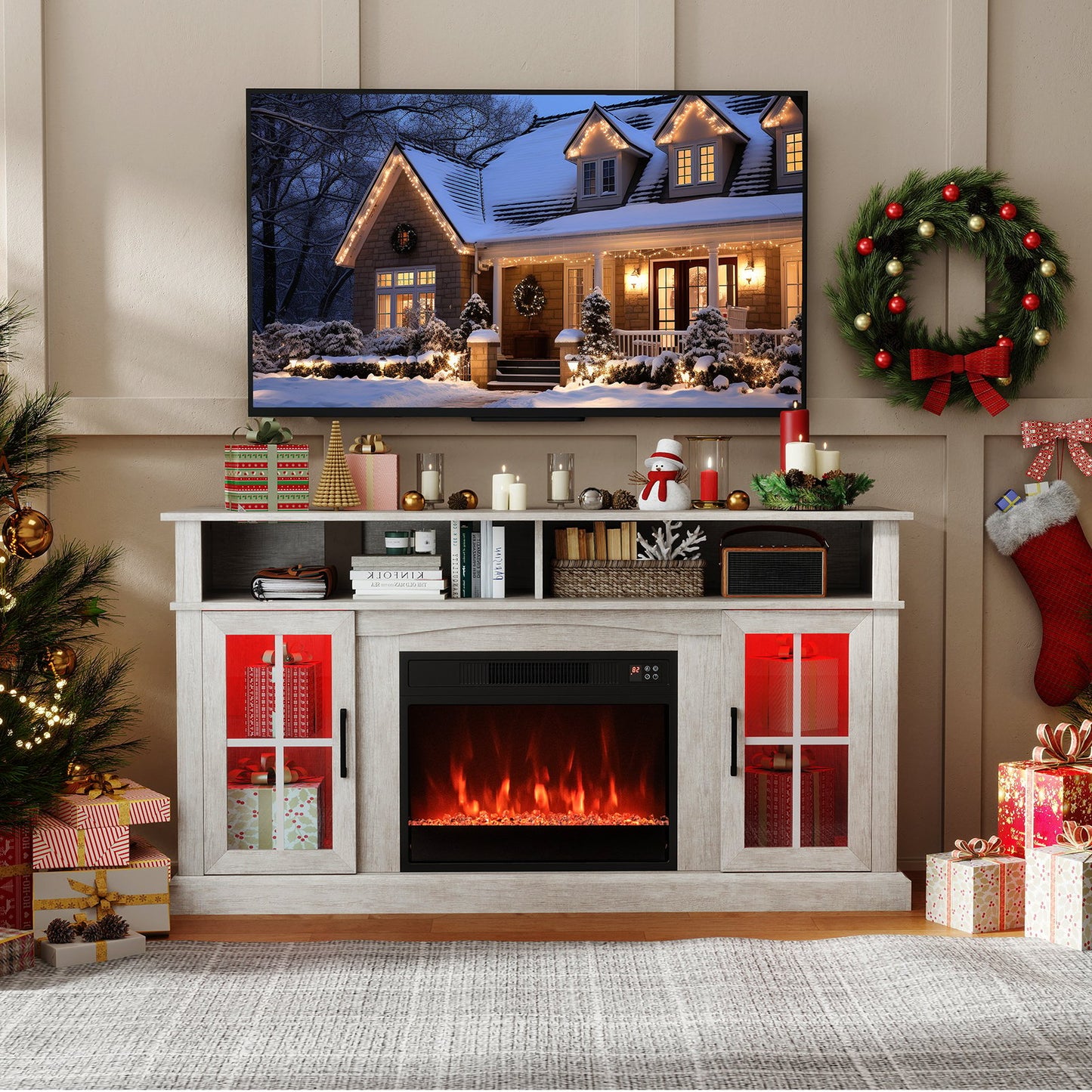 58 Inch Fireplace TV Stand with LED Lights with Storage Cabinets and Glass Doors-Black