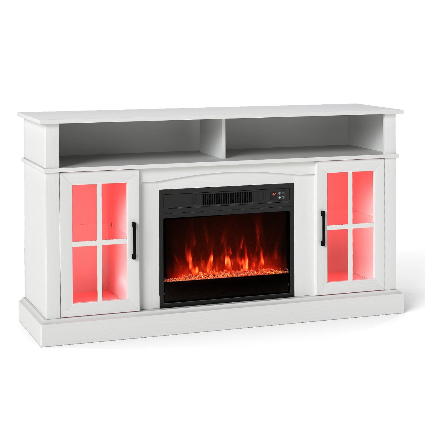 58 Inch Fireplace TV Stand with LED Lights with Storage Cabinets and Glass Doors-Black