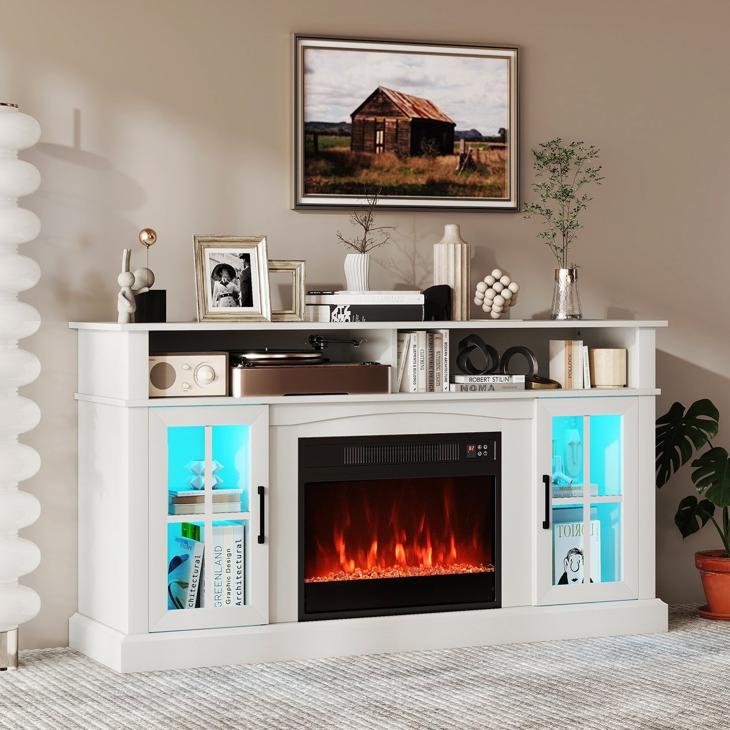 58 Inch Fireplace TV Stand with LED Lights with Storage Cabinets and Glass Doors-Black