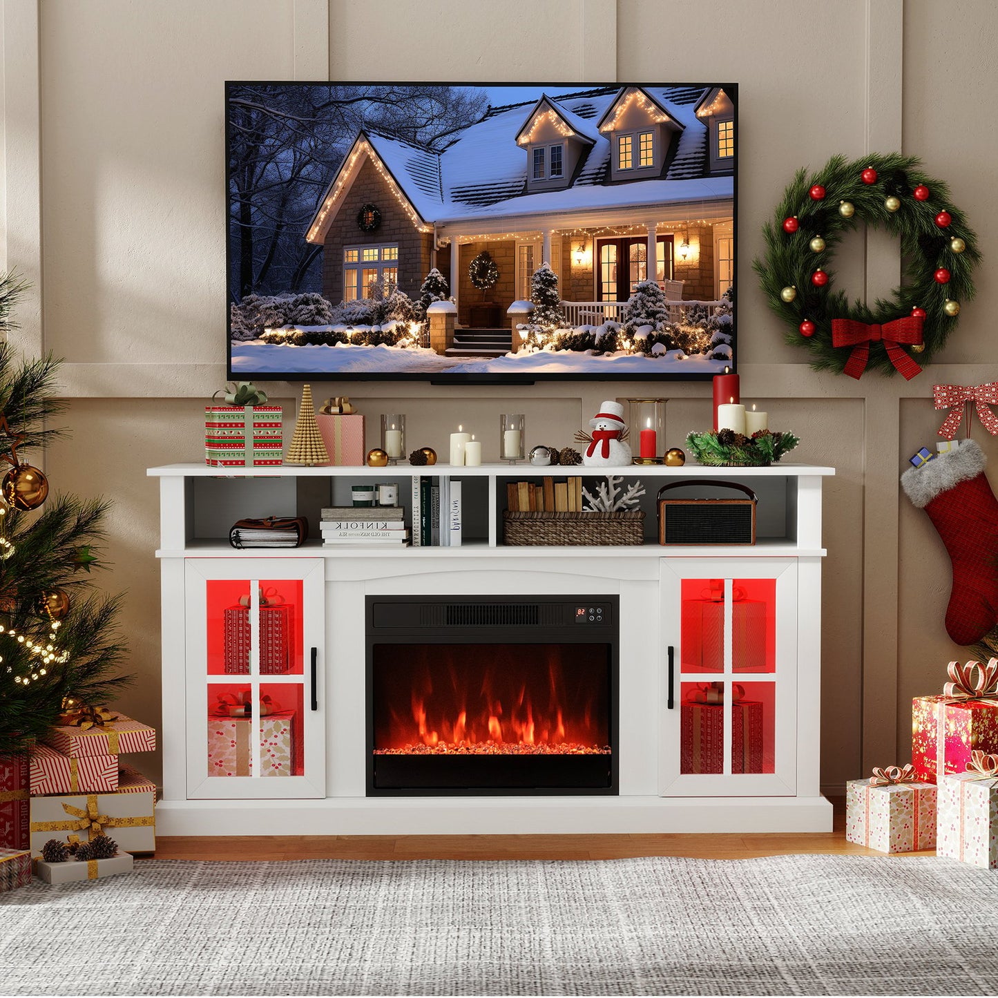 58 Inch Fireplace TV Stand with LED Lights with Storage Cabinets and Glass Doors-Black