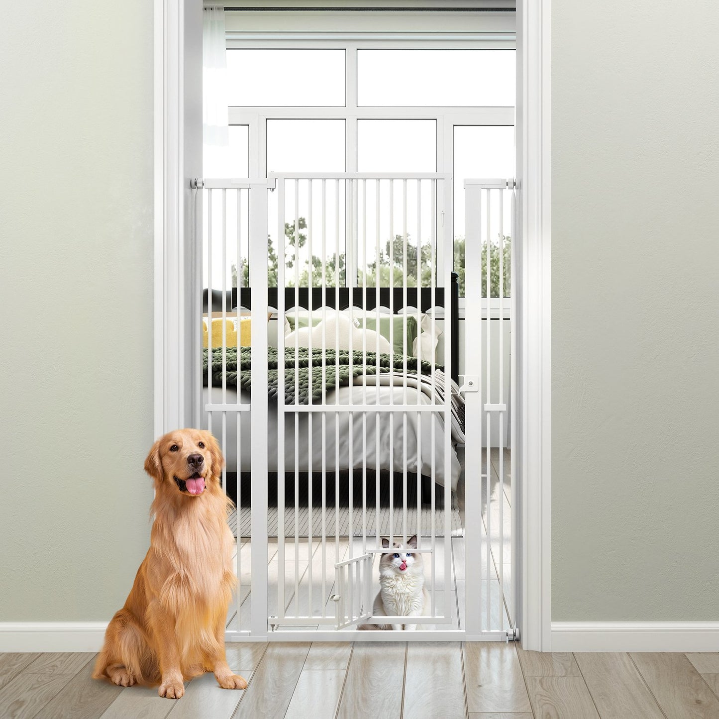 59” Extra Tall Pet Gate Heavy-Duty Metal Cat Gate with Wide Opening-White