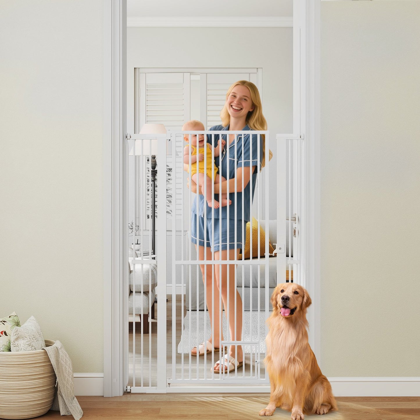 59” Extra Tall Pet Gate Heavy-Duty Metal Cat Gate with Wide Opening-White