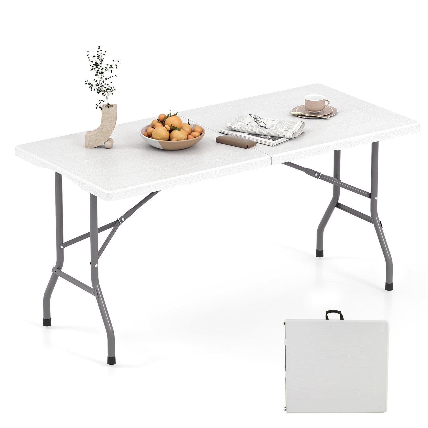 5FT Folding Picnic Table with Wood Grain HDPE Tabletop and Non-slip Foot Pads-White