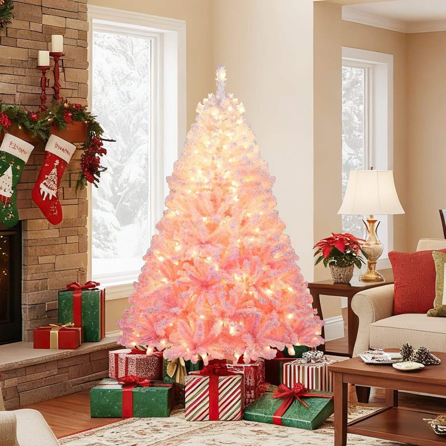 5/6/7/8 FT Artificial Christmas Tree with Warm White LED Lights and 8 Modes for Holiday-5 Feet