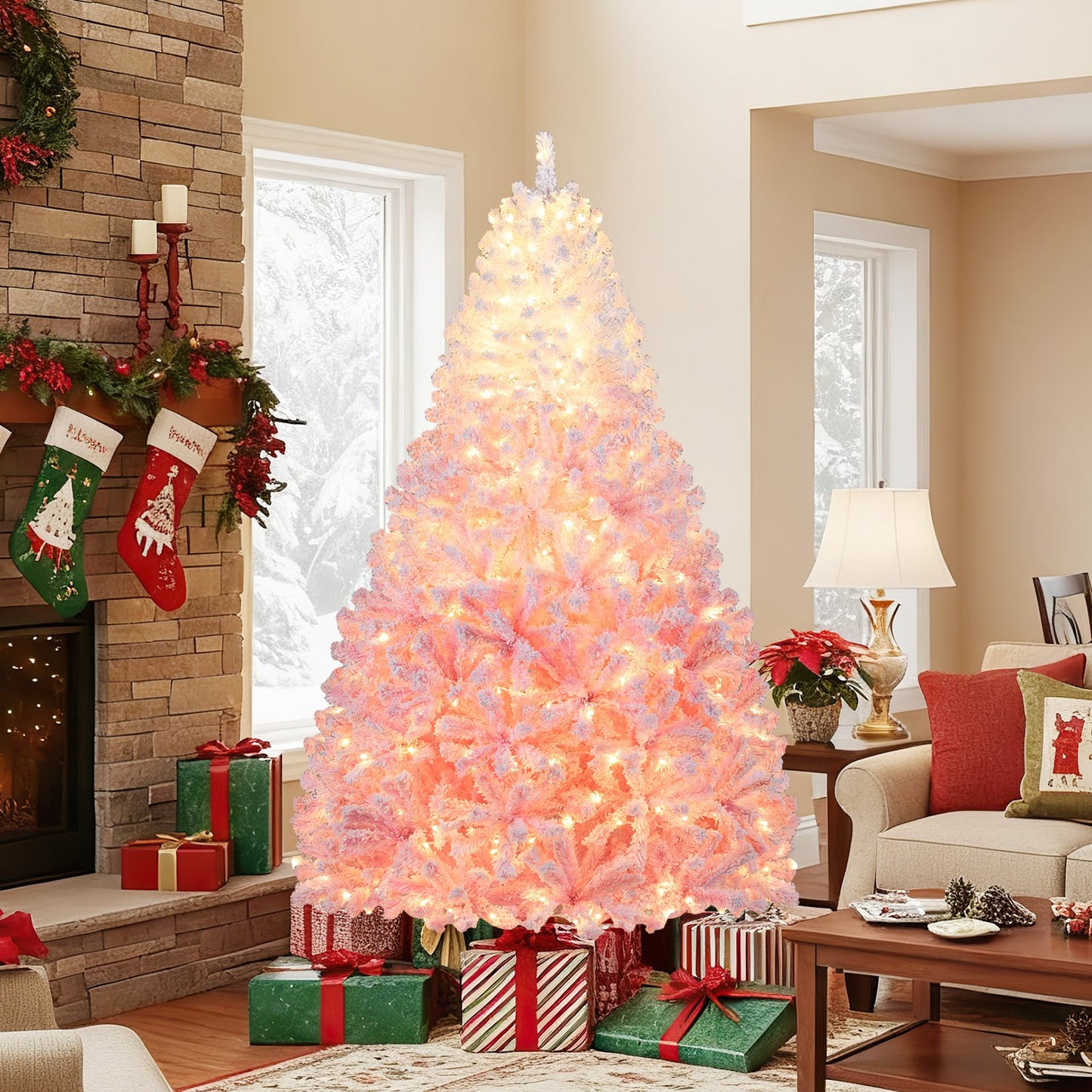 5/6/7/8 FT Artificial Christmas Tree with Warm White LED Lights and 8 Modes for Holiday-5 Feet
