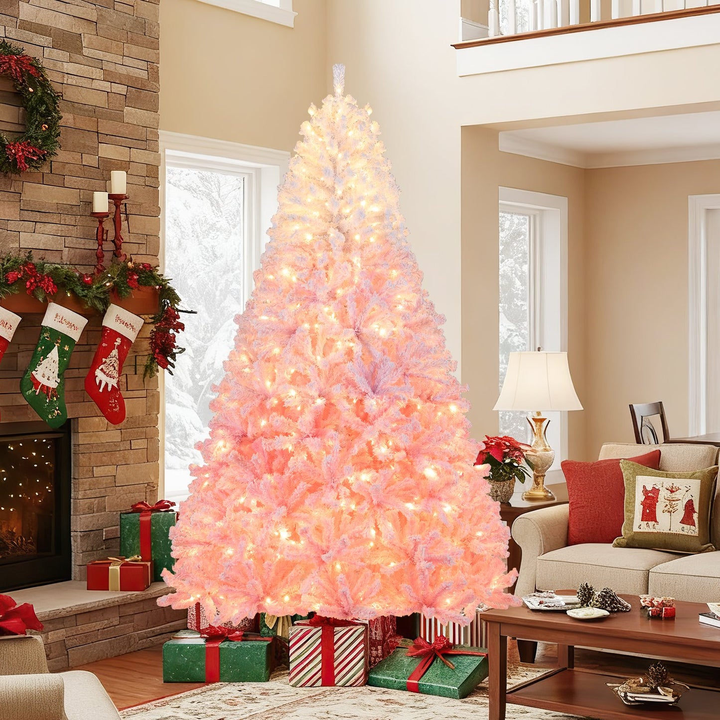 5/6/7/8 FT Artificial Christmas Tree with Warm White LED Lights and 8 Modes for Holiday-5 Feet