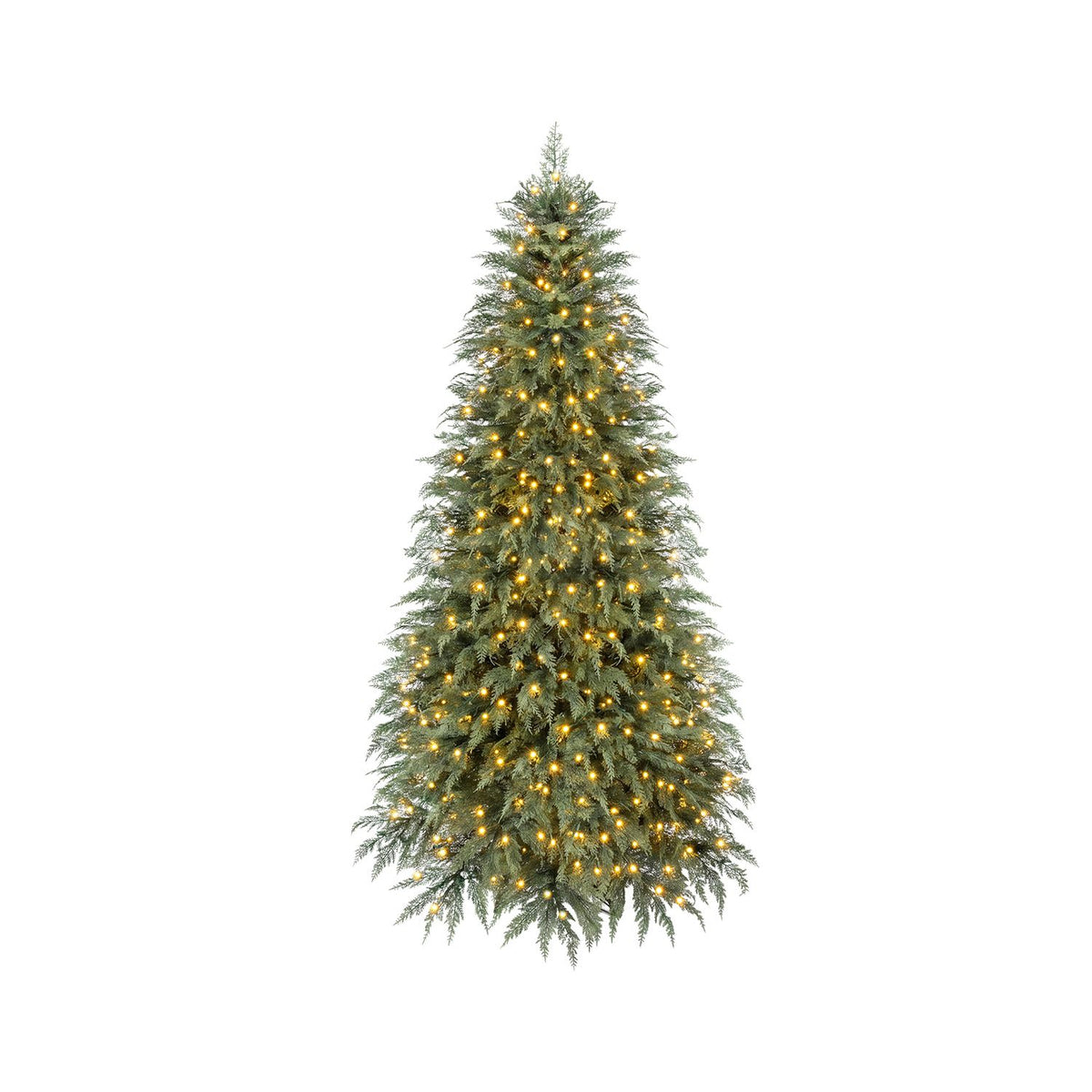 8-foot pre-lit artificial Christmas tree with warm white LED lights, realistic green branches, perfect holiday decor.
