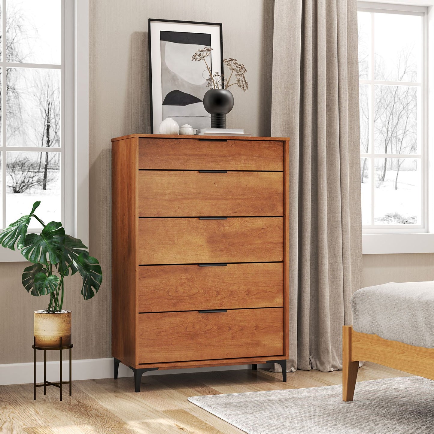 5-Drawer Dresser with Interlock System for Bedroom Living Room-Cherry