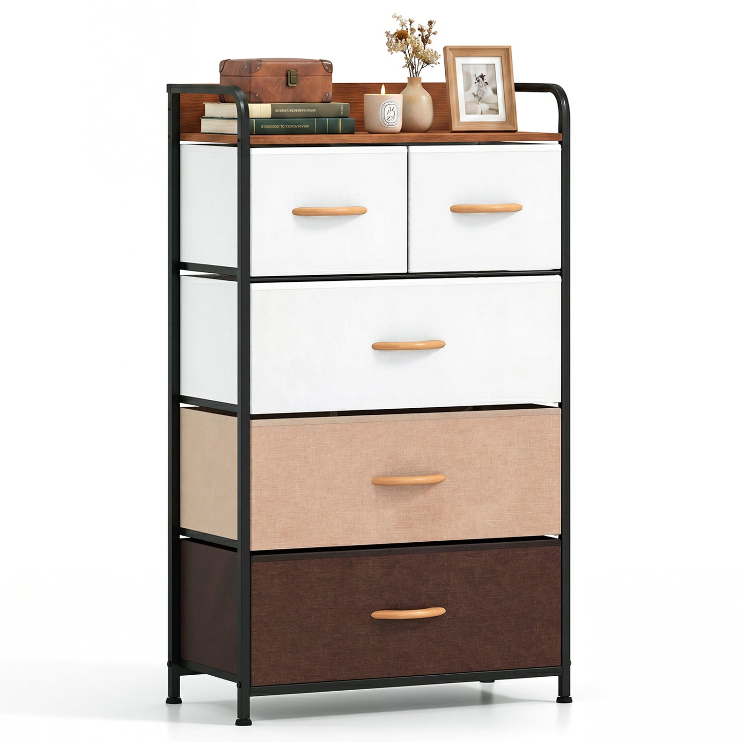 Multicolor fabric dresser with five drawers and removable fabric bins, bedroom storage furniture in a modern design.