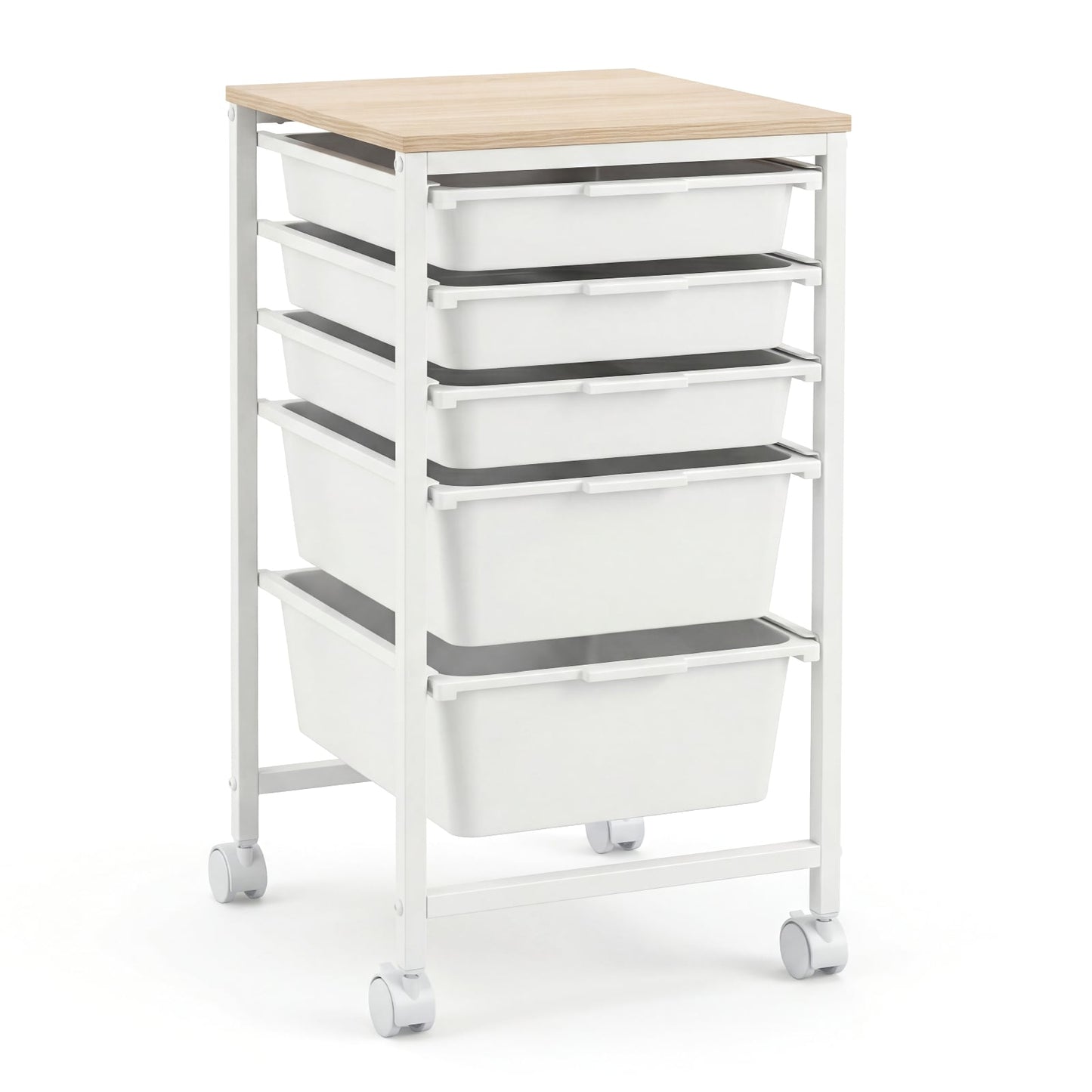5-Drawer Rolling Storage Cart Mobile Utility Organizer with Wooden Tabletop and Lockable Wheels-White