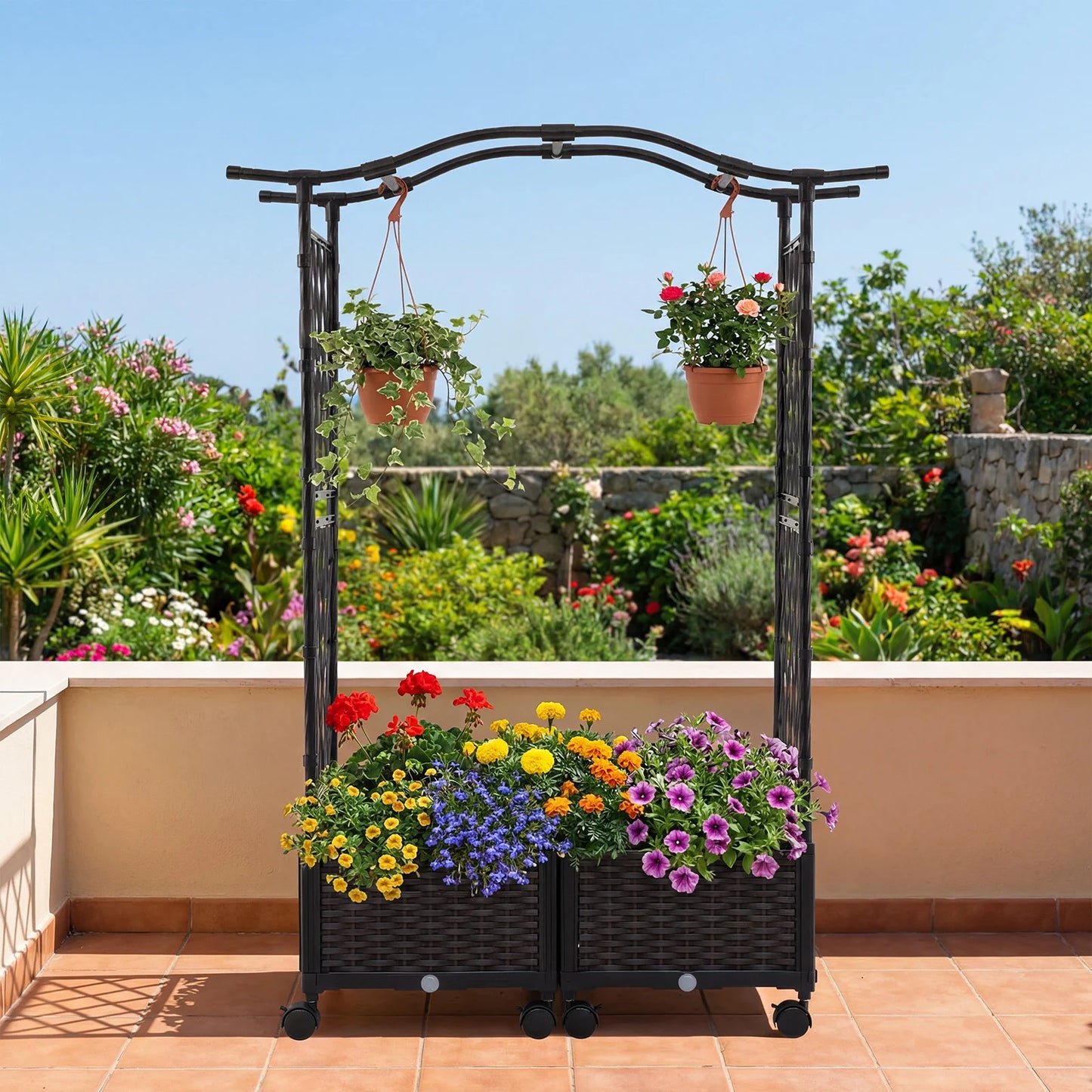 5 FT Tall Raised Garden bed with Lockable Wheels and Hanging Roof for Climbing Flowers-Brown