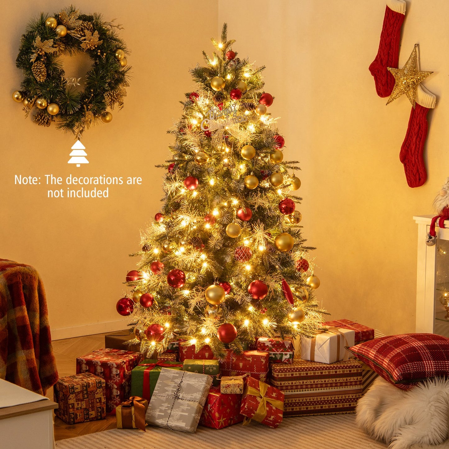 7 Feet Pre-Lit Artificial Christmas Tree with 8 Modes LED Lights with Berries