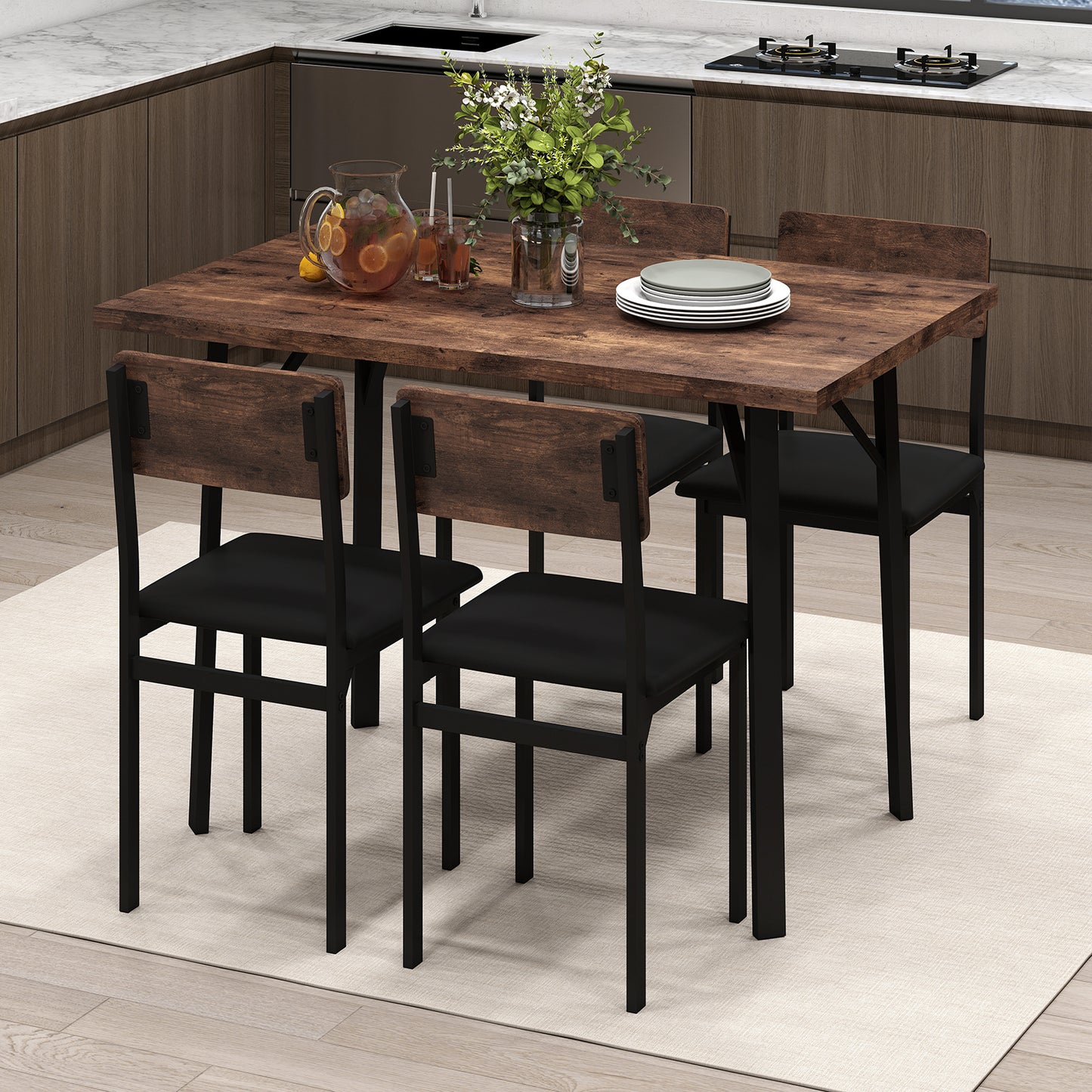 5-Piece Dining Table Set for 4 People Industrial Kitchen Table and 4 PU Leather Chairs-Brown