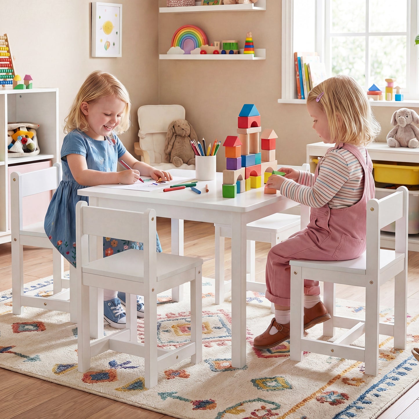 5-Piece Kids Table and Chairs Set Solid Rubber Wood Toddler Activity Table-Natural