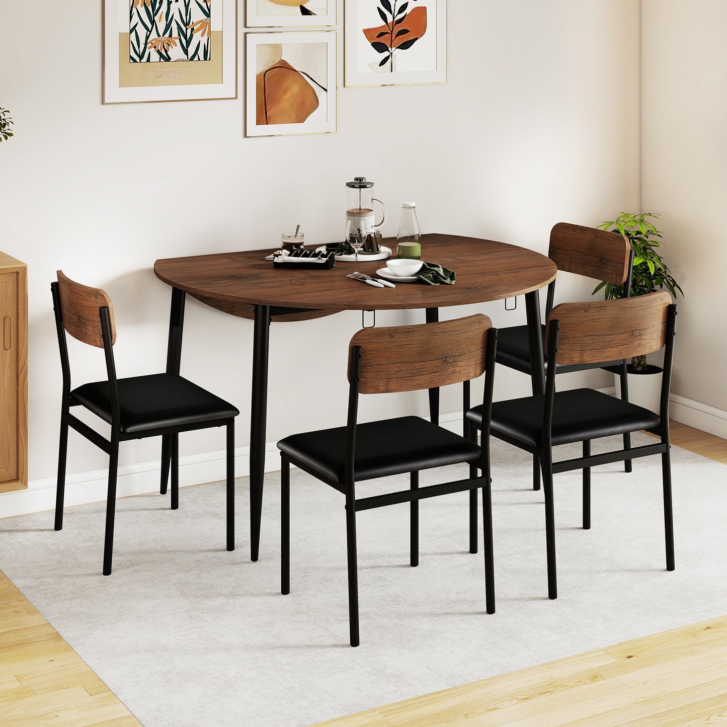 5-Piece Round Kitchen Table Set with Drop Leaf Tabletop and 4 Upholstered Dining Chairs-Brown