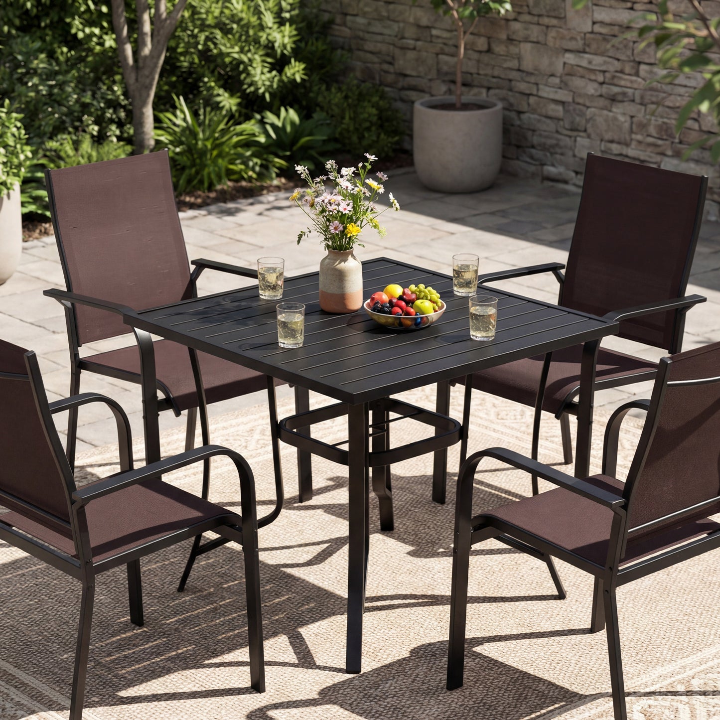 5 Pieces Patio Dining Set for 4 Outdoor Square Table and Stackable Chairs-Black