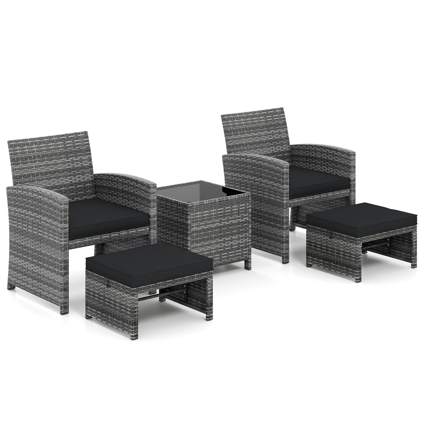 5 Pieces Patio Furniture Set PE Wicker Outdoor Lounge Chairs with 2 Ottomans-Black