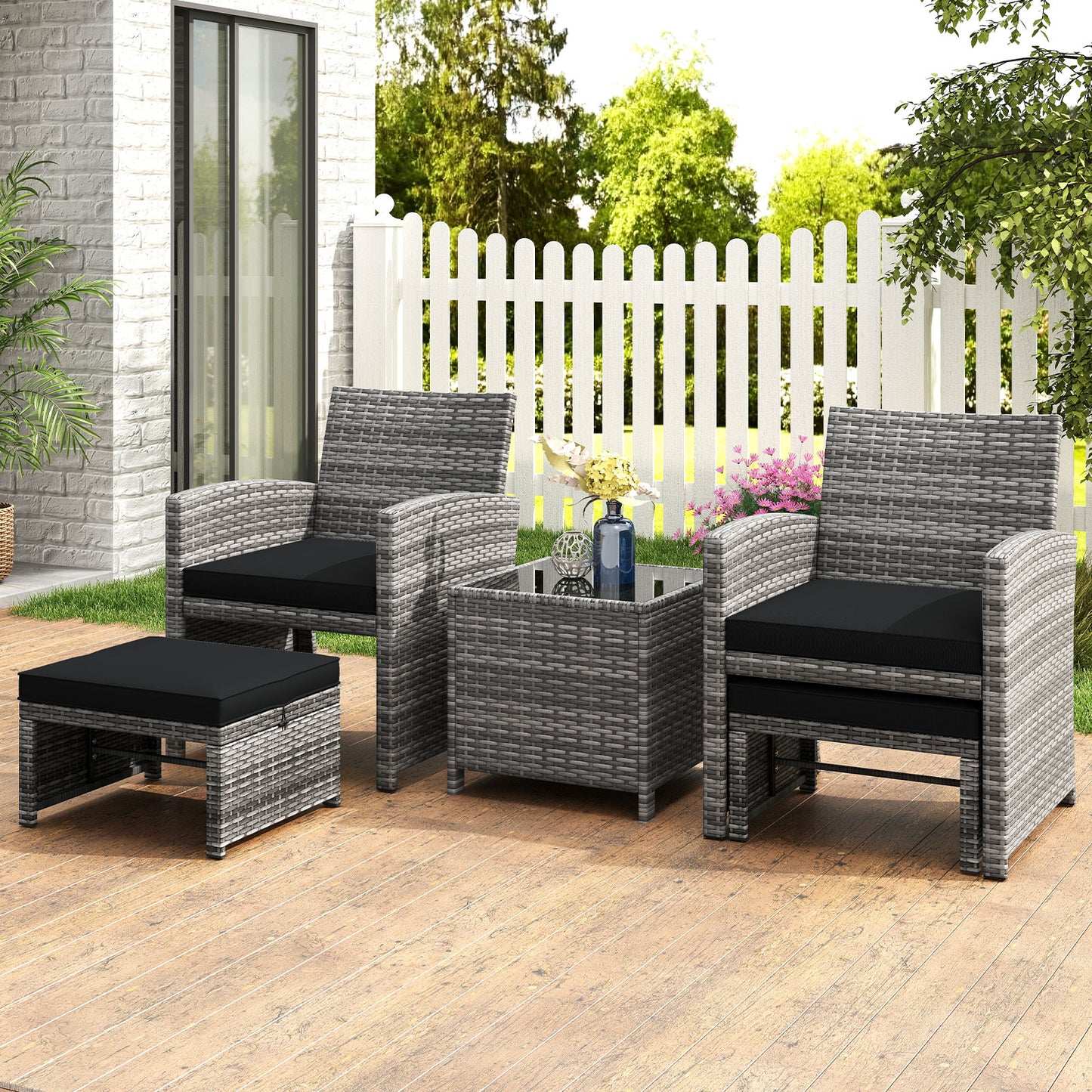 5 Pieces Patio Furniture Set PE Wicker Outdoor Lounge Chairs with 2 Ottomans-Black