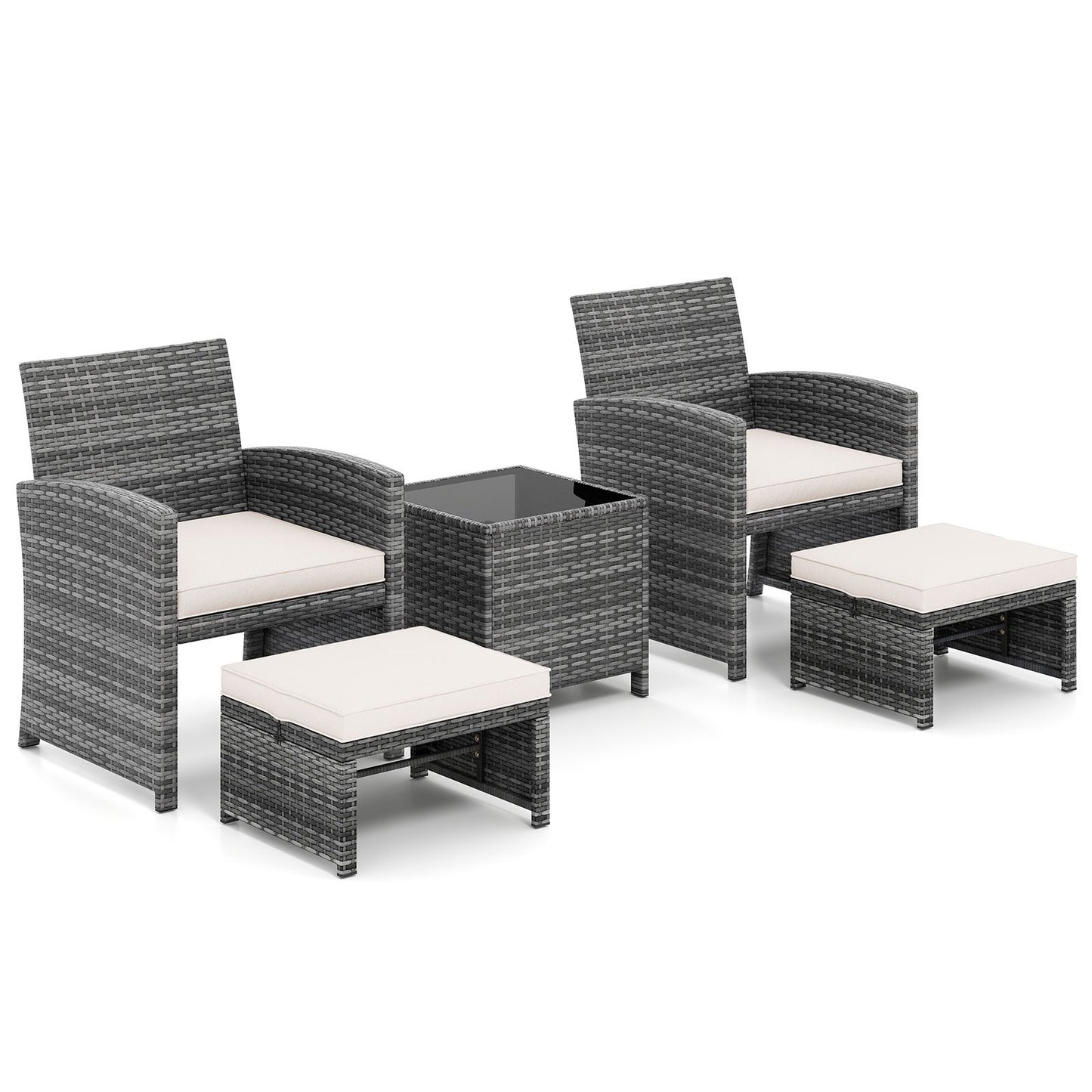 5 Pieces Patio Furniture Set PE Wicker Outdoor Lounge Chairs with 2 Ottomans-Black