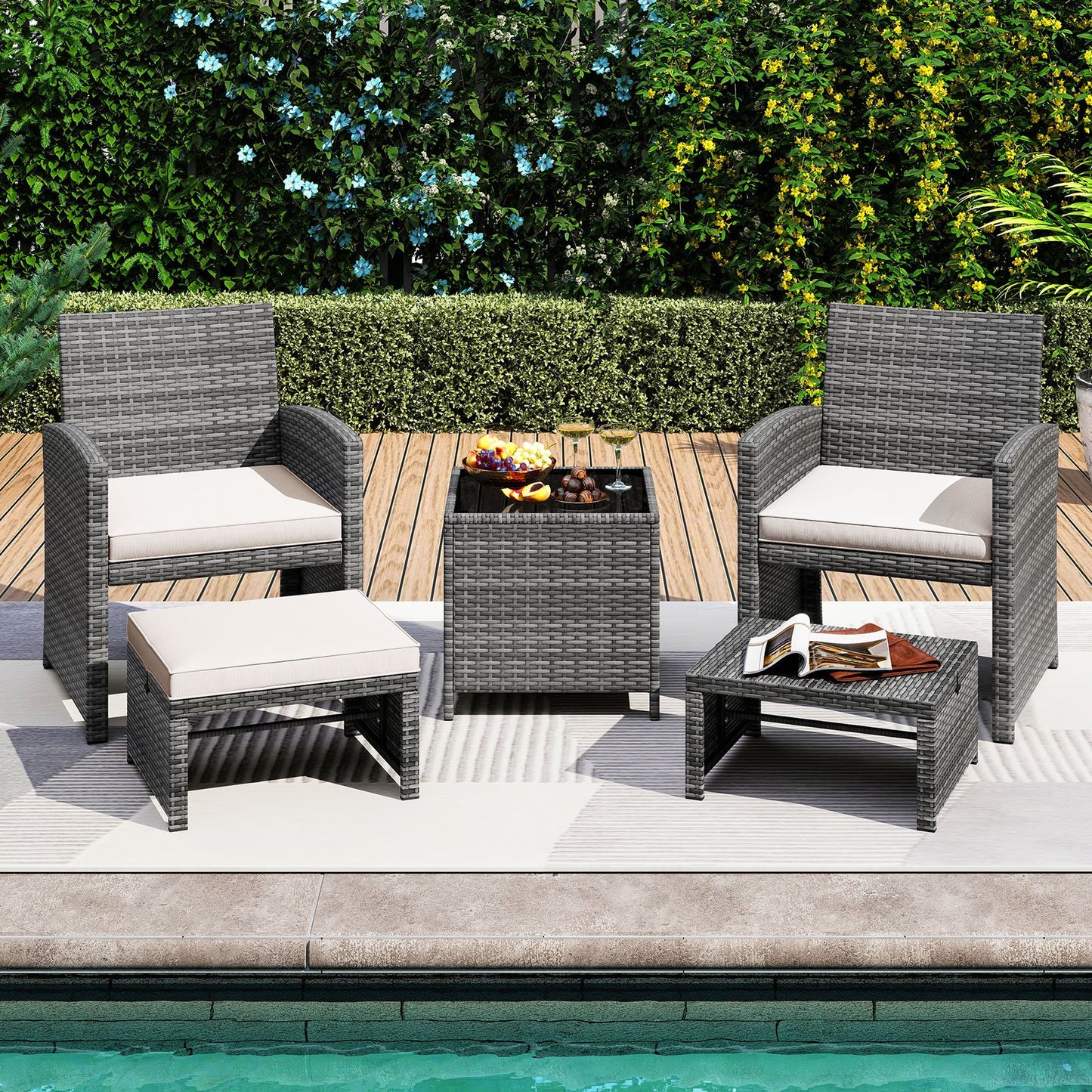 5 Pieces Patio Furniture Set PE Wicker Outdoor Lounge Chairs with 2 Ottomans-Black