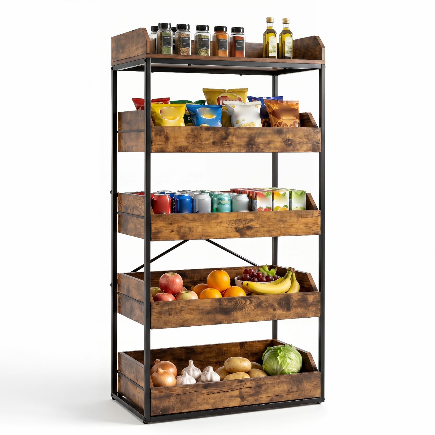 Rustic brown 5-tier food storage rack with four pull-out drawers and adjustable feet for kitchen organization.