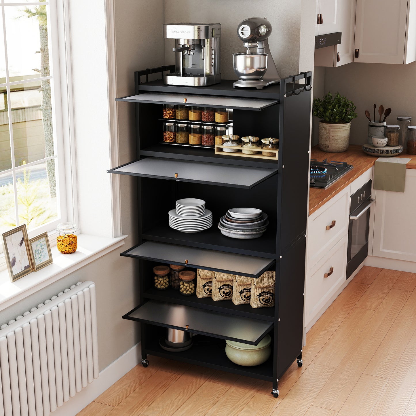 5-Tier Kitchen Storage Cabinet with 4 Flip-up Doors-Black