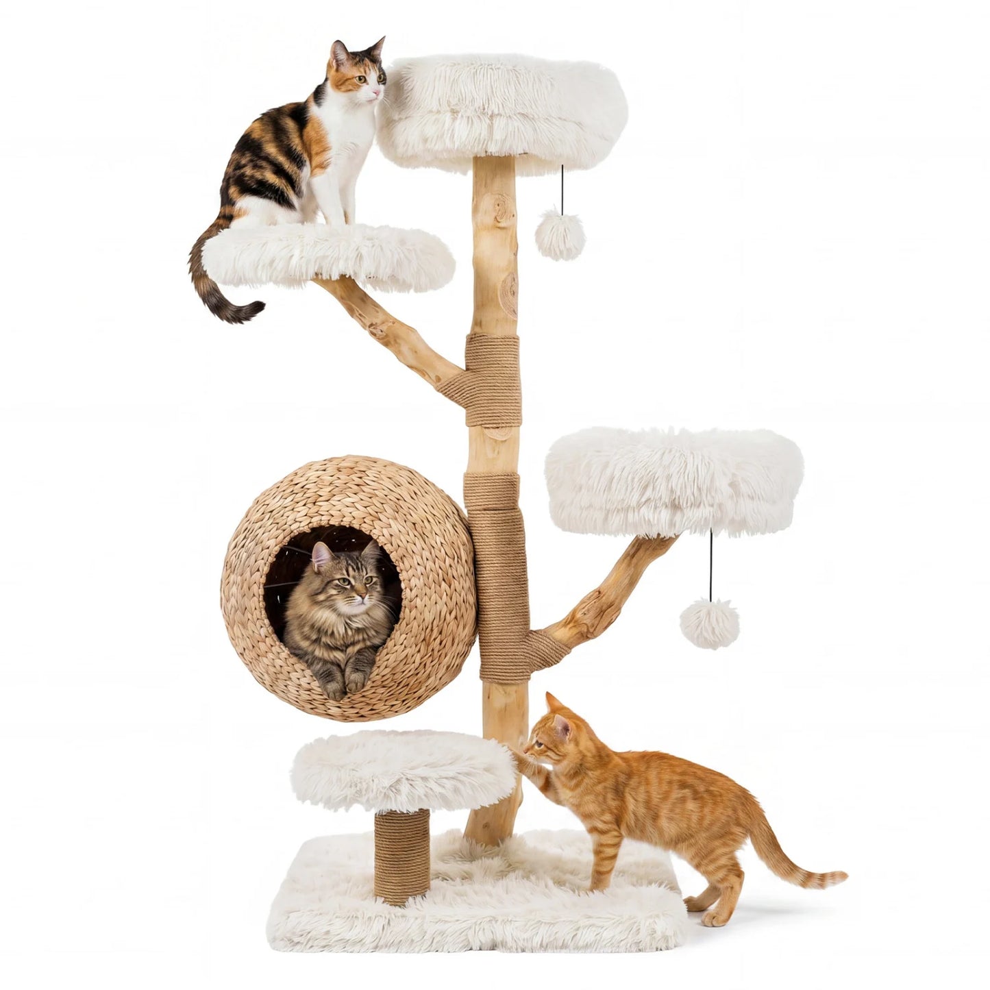 Gray 5-tier wooden cat tree with woven condo, plush perches, jute posts, and hanging balls for cats to climb and play.