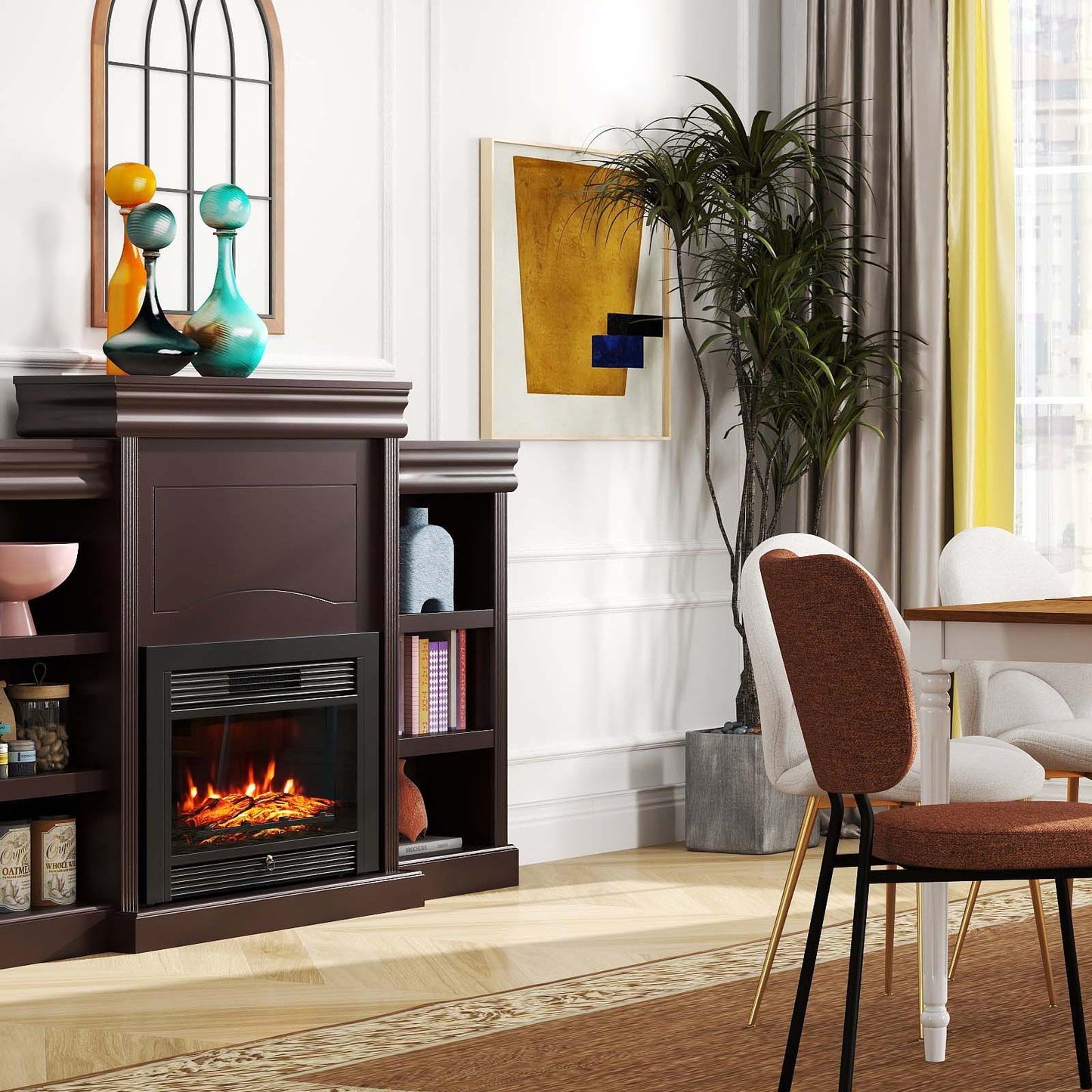 5-in-1 Complete Dining Room Set: Extendable Table 4 Chairs Electric Fireplace Media Console & Bamboo Sideboard