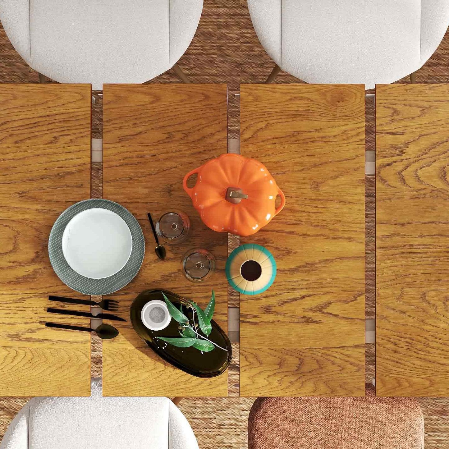 5-in-1 Complete Dining Room Set: Extendable Table 4 Chairs Electric Fireplace Media Console & Bamboo Sideboard