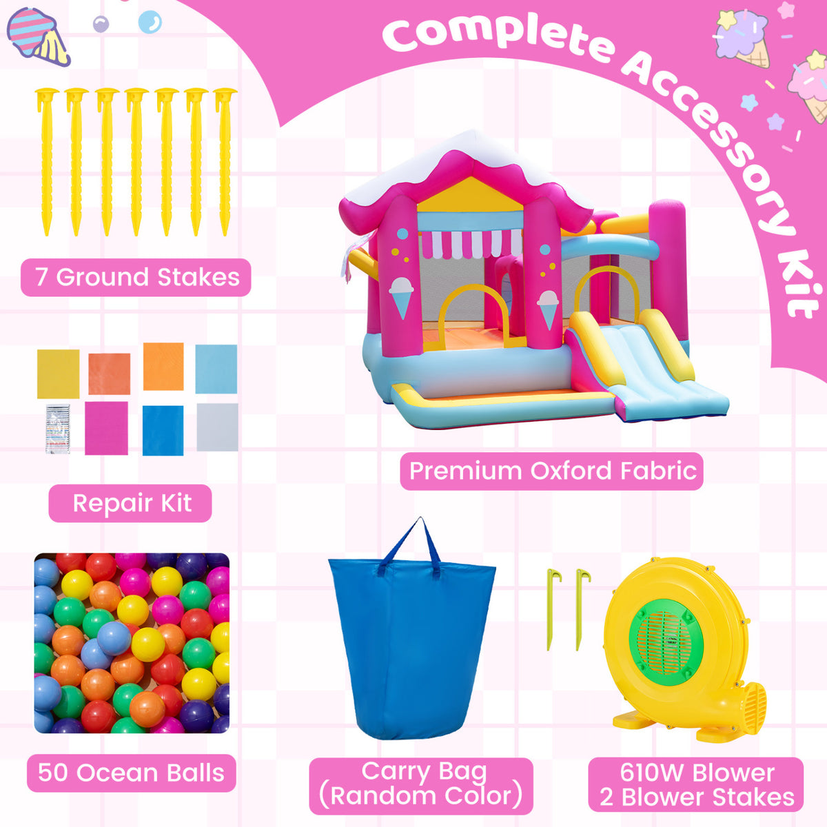 5-in-1 Inflatable Bounce House with Tunnel and 610W Blower for Kids Ages 3-12