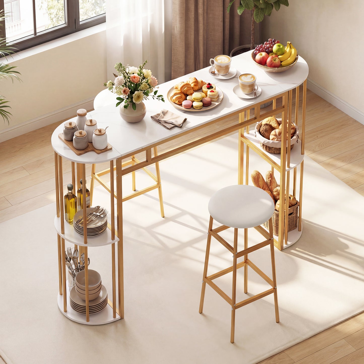 60 Inch Dining Table and 2 Upholstered Barstools with Faux Marble Tabletop-Gray