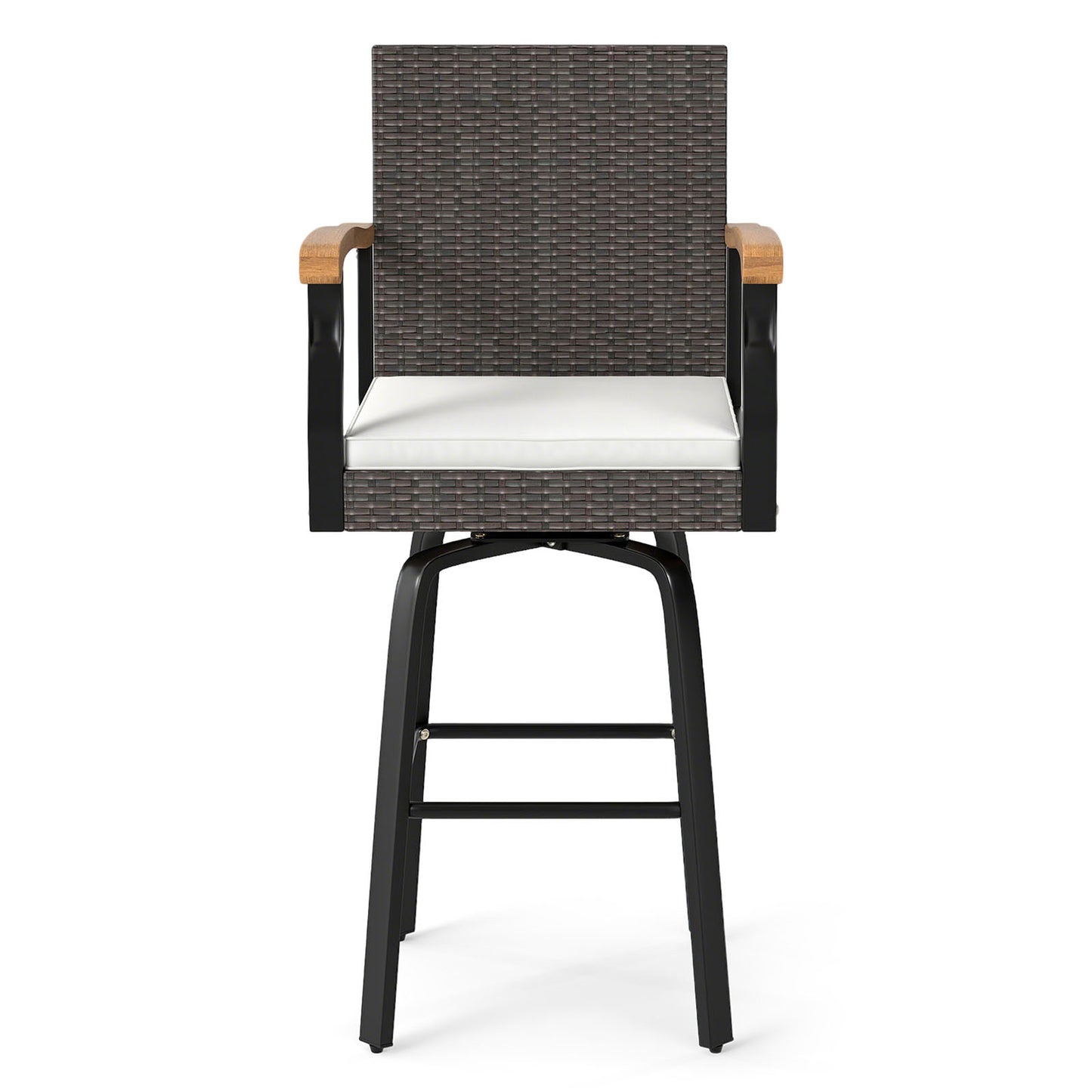 Set of 4 Outdoor 360° Swivel Bar Stool with Cushion and Acacia Wood Armrests
