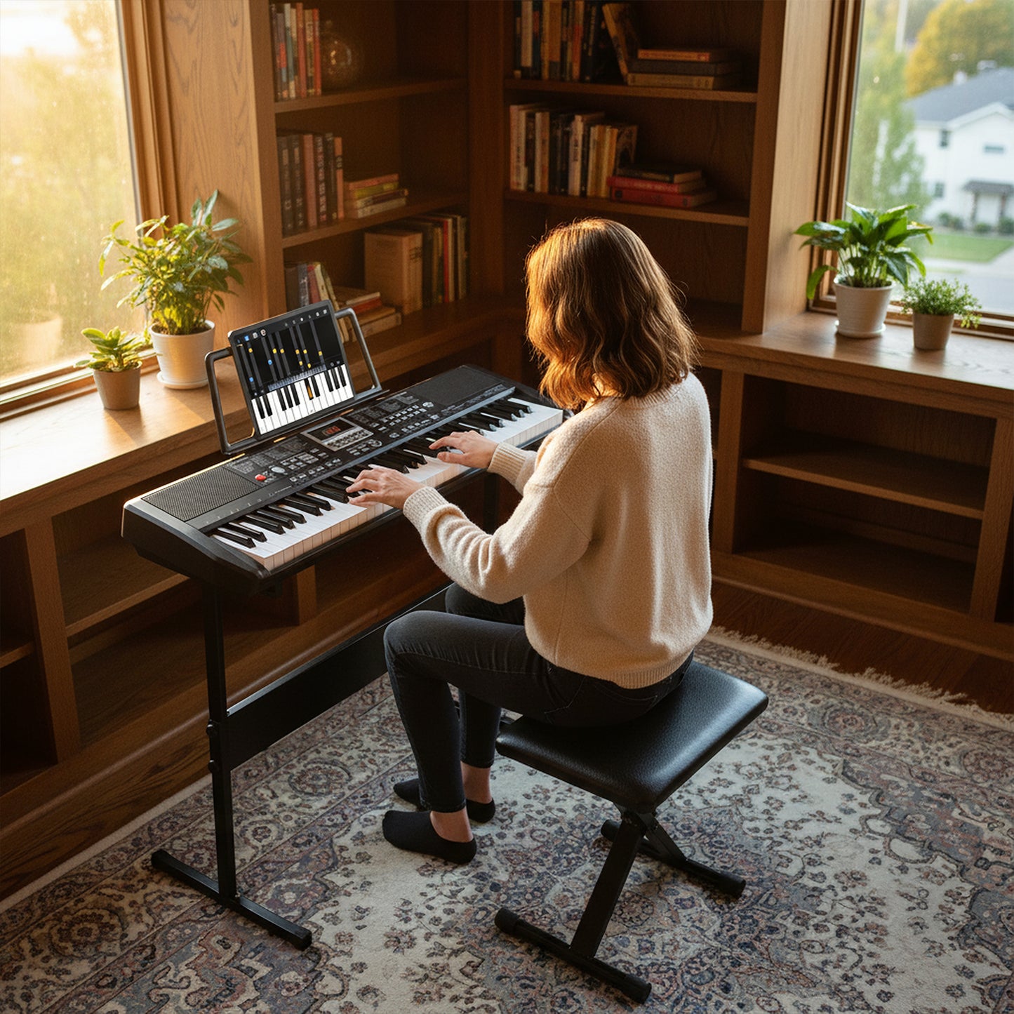 61 Keys Beginners Piano Keyboard Electric Keyboard Kit with Adjustable Stand and Stool-Black