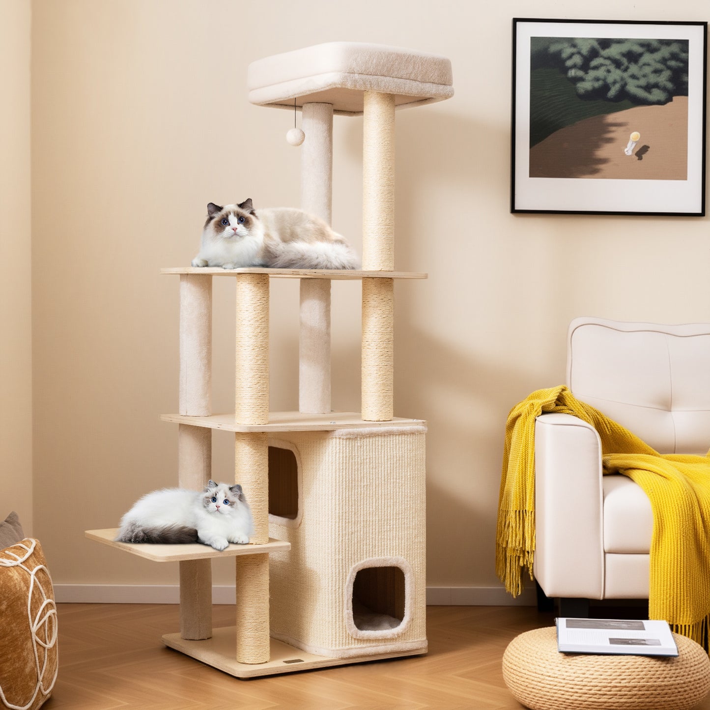 63 Inch Tall Wooden Cat Tree with 2-Story Condo and Plush Padded Top Perch-NA