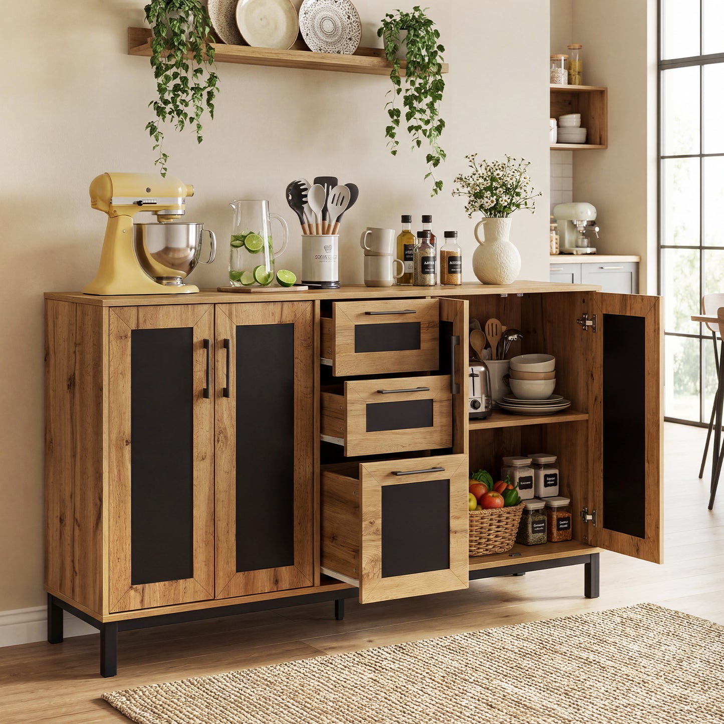 63" Sideboard Buffet Cabinet with 3 Drawers and Storage Shelves-Natural