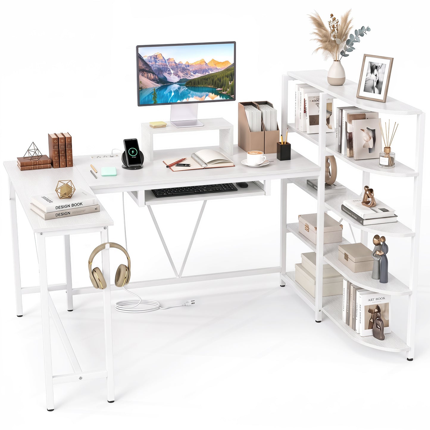63" U-shaped Computer Desk with Power Outlets 5-Tier Bookshelf and Keyboard Tray-Rustic Brown