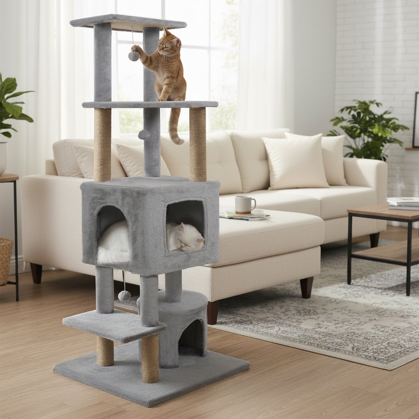64 Inch Tall Cat Tree with 2 Large Condos and Jute Scratching Posts for Indoor Adult Cats-Beige
