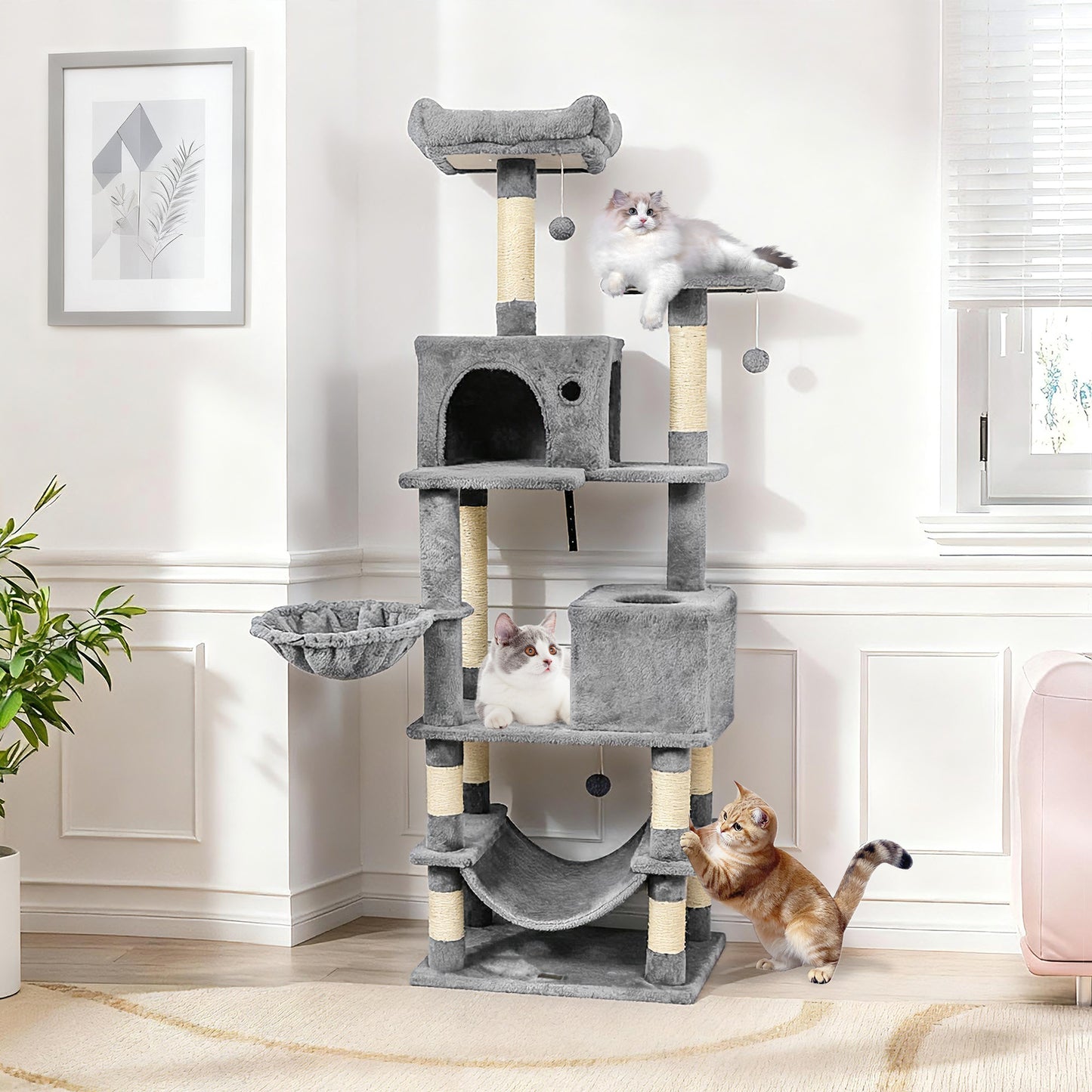 66 Inch Tall Cat Tree Multi-Level Cat Tower with 2 Condos Sisal Scratching Posts-Beige