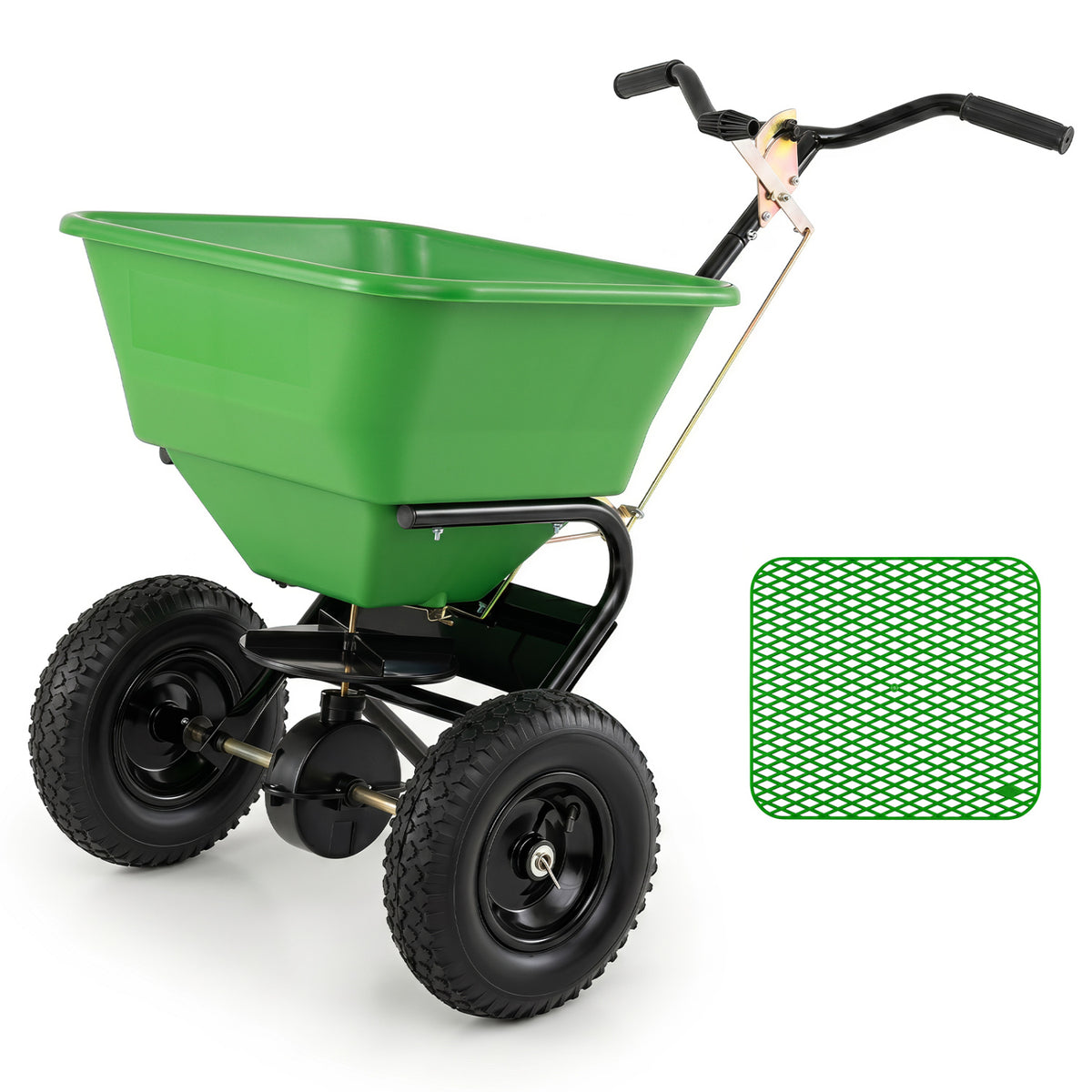 Walk-behind broadcast spreader with 66 lbs capacity, black color, all-terrain 13-inch tires, ideal for lawn and garden yard care.