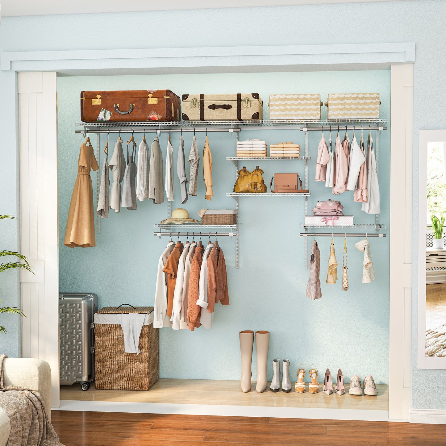 4-8 Feet Closet Organizers and Storage System with Hanging Rod for Laundry Bedroom-Grey