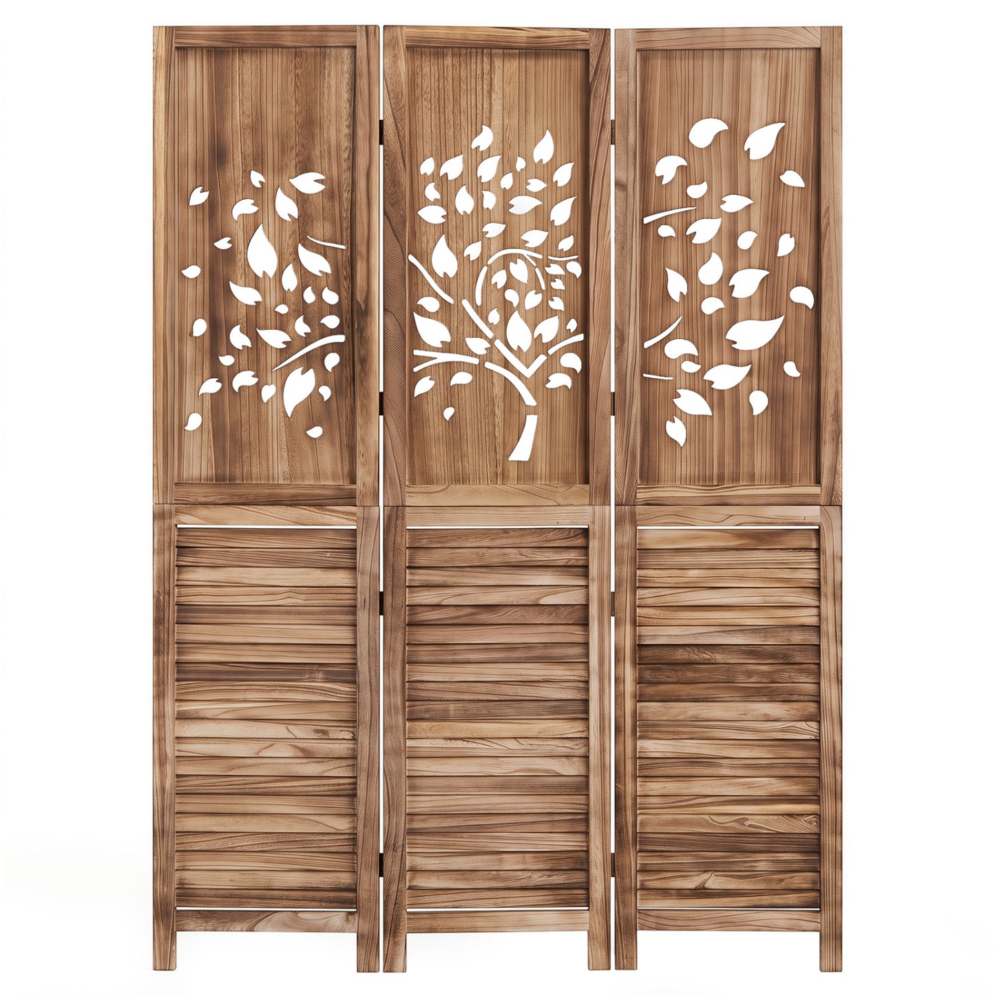 67" Folding Room Divider 3 Panels with Tree Cutout & Louver Design for Room-Rustic Brown