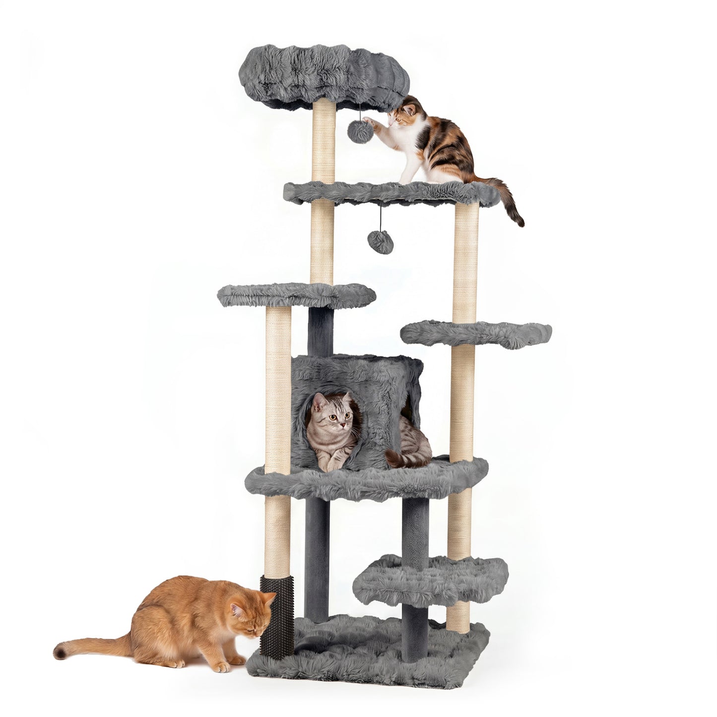 67 Inch Multi-level Cat Tree with Large Cat Condo and Padded Perch-Beige