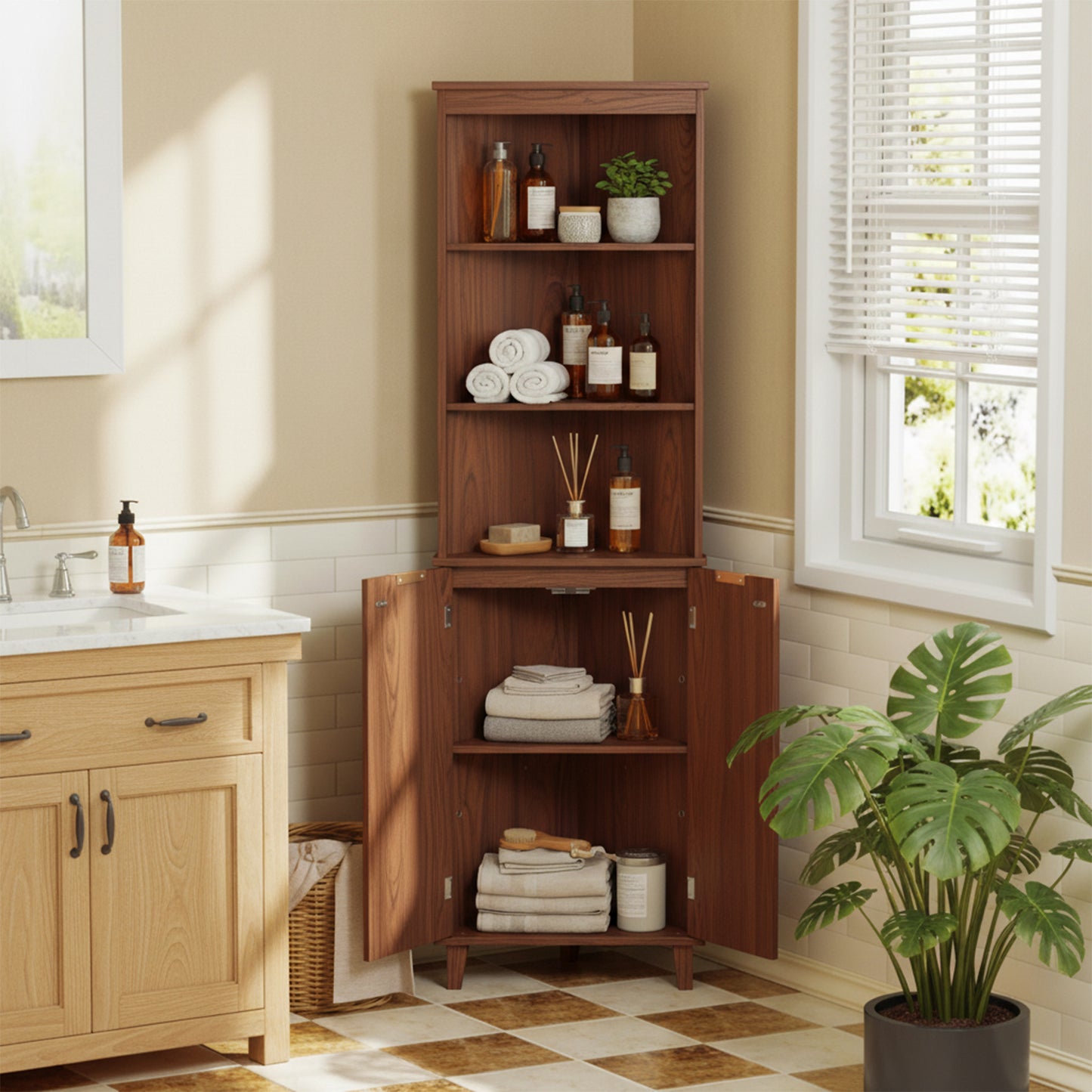 68 Inch Tall Corner Cabinet with Fluted Doors for Bathroom-Oak