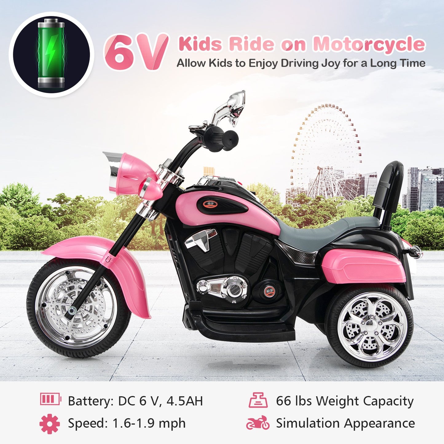 6V Powered Toddler 3-Wheel Motorbike Ride On Toy with Horn and Headlight-Black & Red