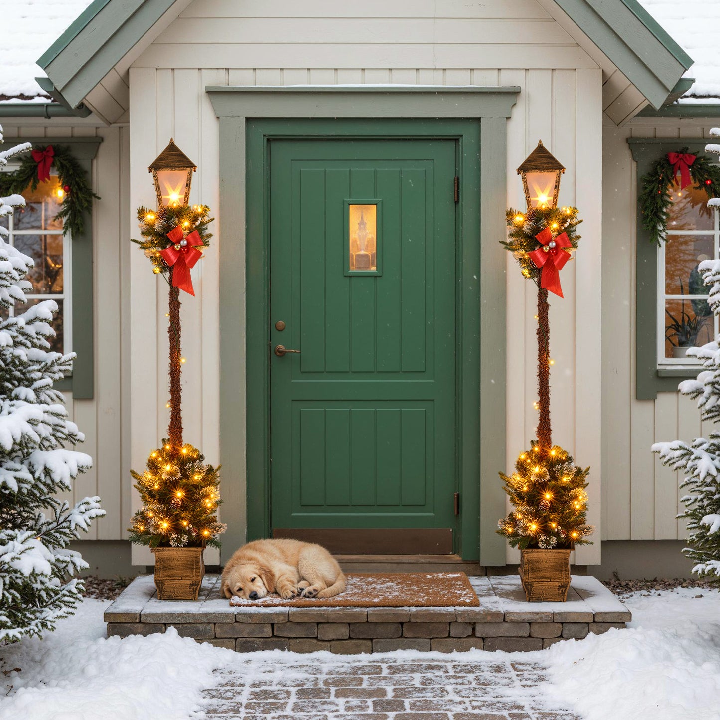 6.1-foot Christmas pre-lit street lamp decor with artificial greenery, snow-flocked branches, ideal for holiday outdoor decorating.