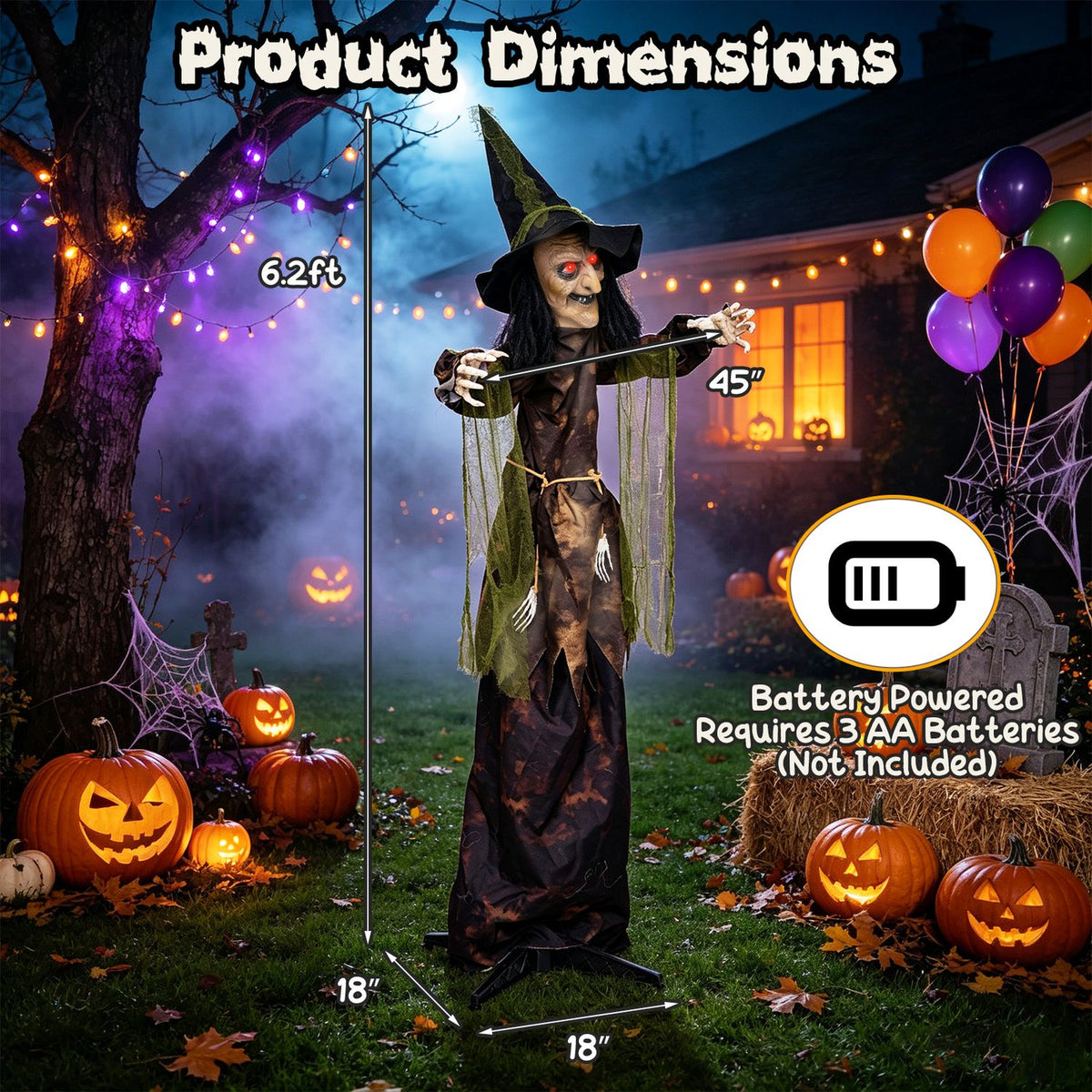 6.2 ft. Halloween animated witch decoration with glowing red eyes and spooky costume, perfect for holiday decor.