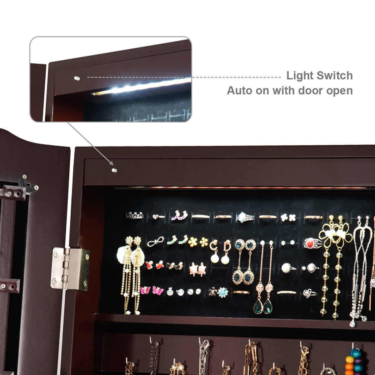 Mirrored Jewelry Cabinet Storage With Drawer And Led Lights -Coffee