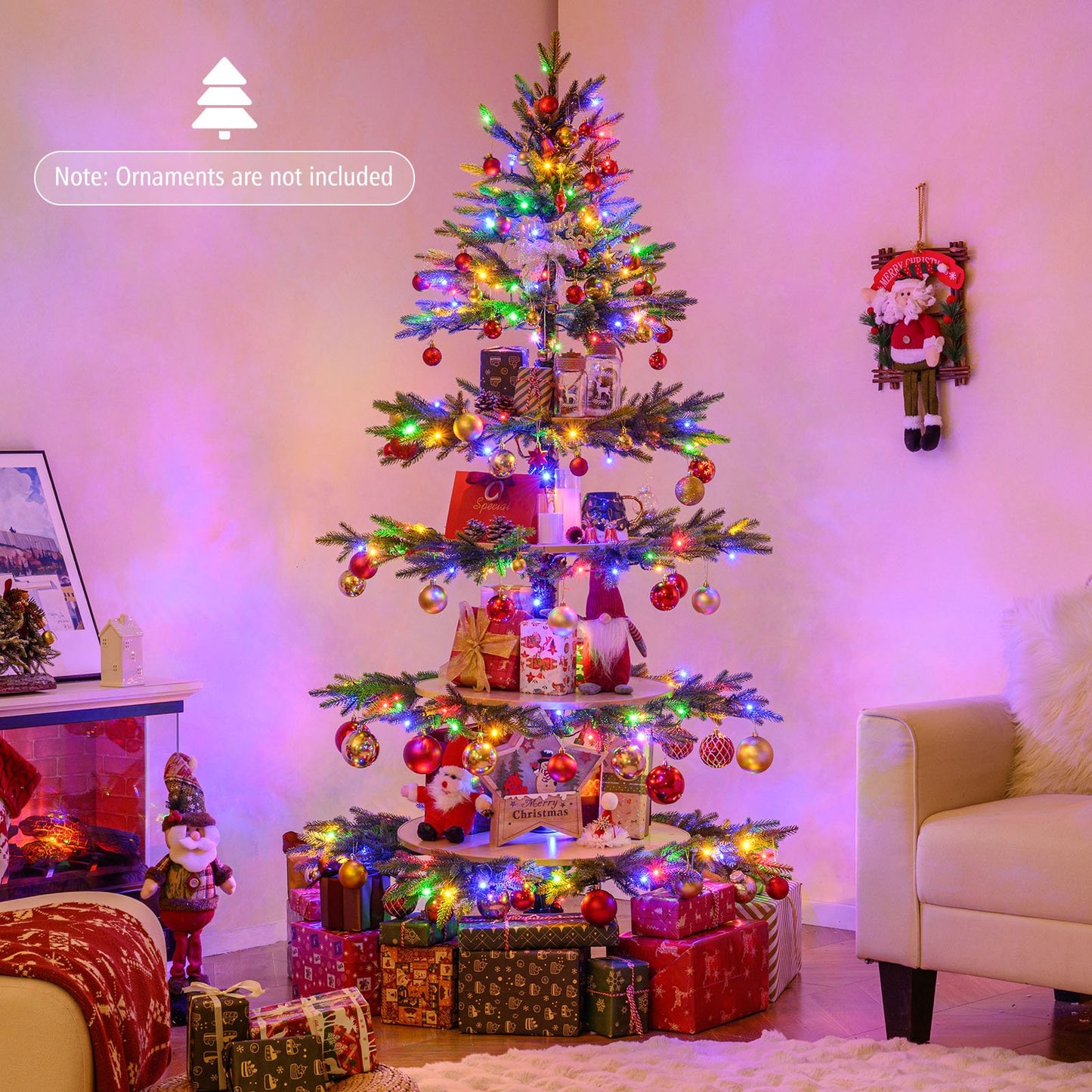 6.4 FT Rotating Christmas Tree 4-Tier Artificial Xmas Tree with 280 Branch Tips and 220 LED Lights